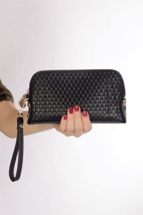 El Çantası Orta Boy Telefon Çantası Siyah Hasır Desen - Görsel 3