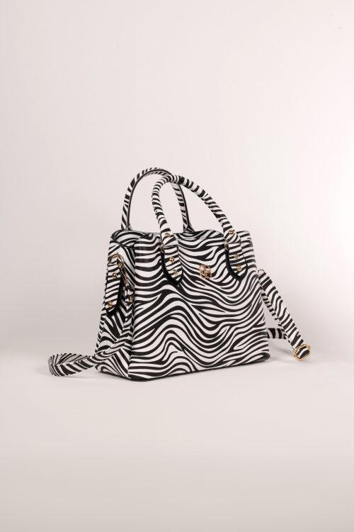 Kadın Uzun Askılı 3 Bölmeli Gold Aksesuarlı Omuz Ve El Çantası Zebra Desen - Görsel 2